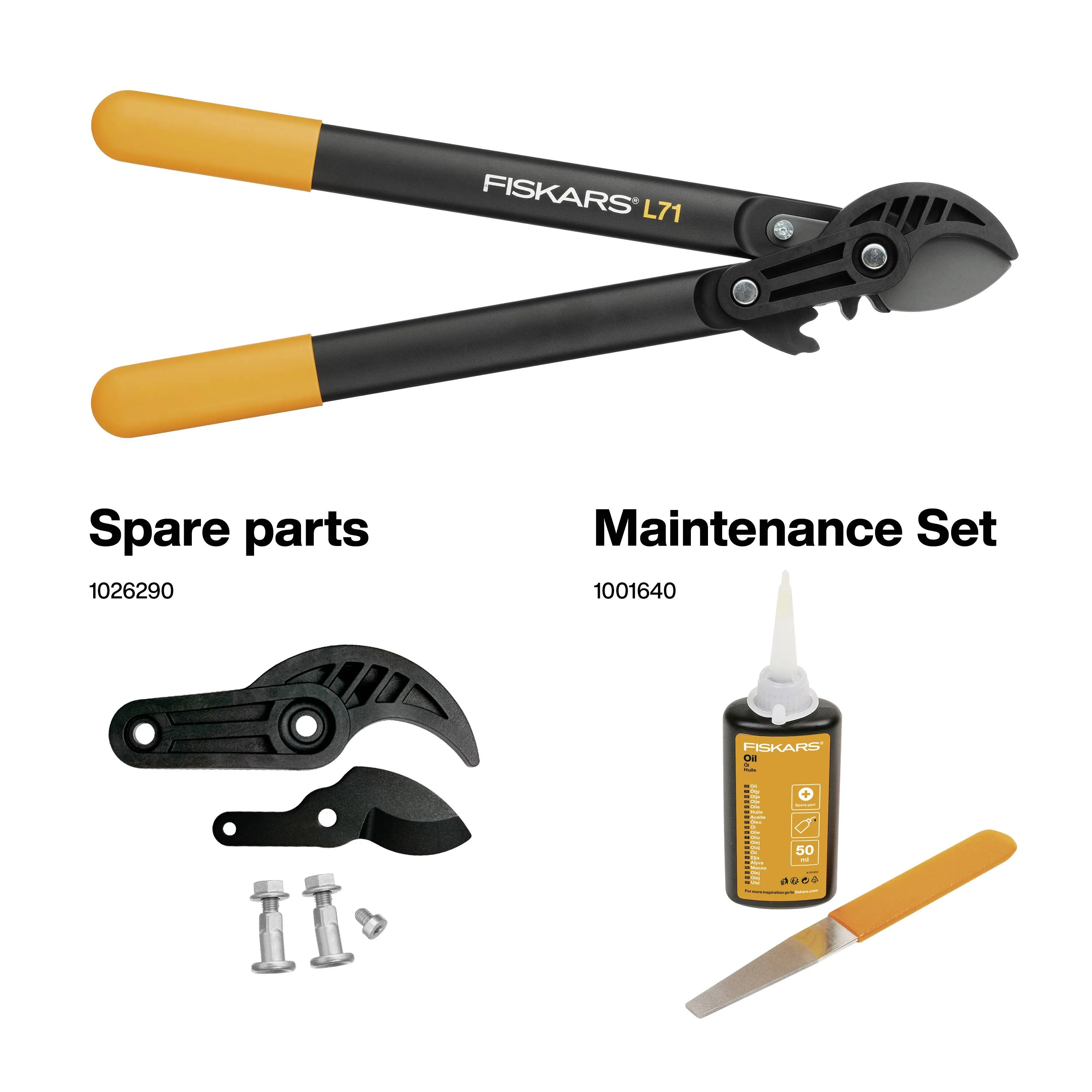 Fiskars PowerGear -alasinmalliset terät ja ruuvi L71, L73