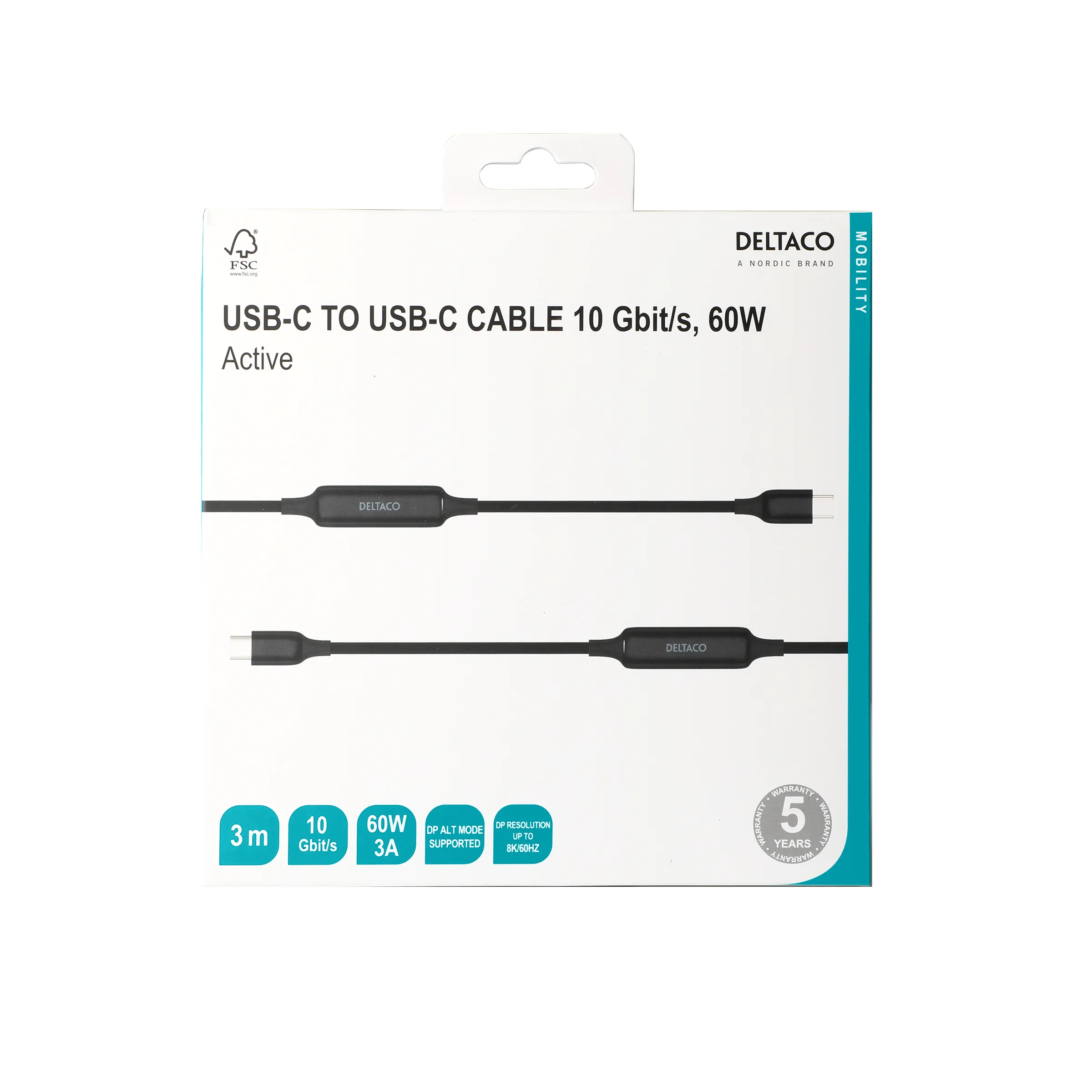 Deltaco USB-C - USB-C active cable, 10Gbps, 3A, 3m, black