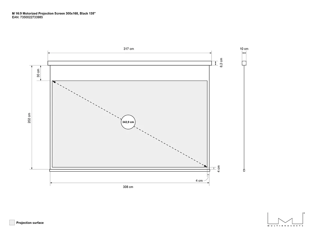 Multibrackets M Motorized Projection Screen Black Edition - Heijastusn&auml;ytt&ouml; - kattoon asennettava - moottoroitu - 135 tuuma (343 cm) - 16:9 - Matte White - must