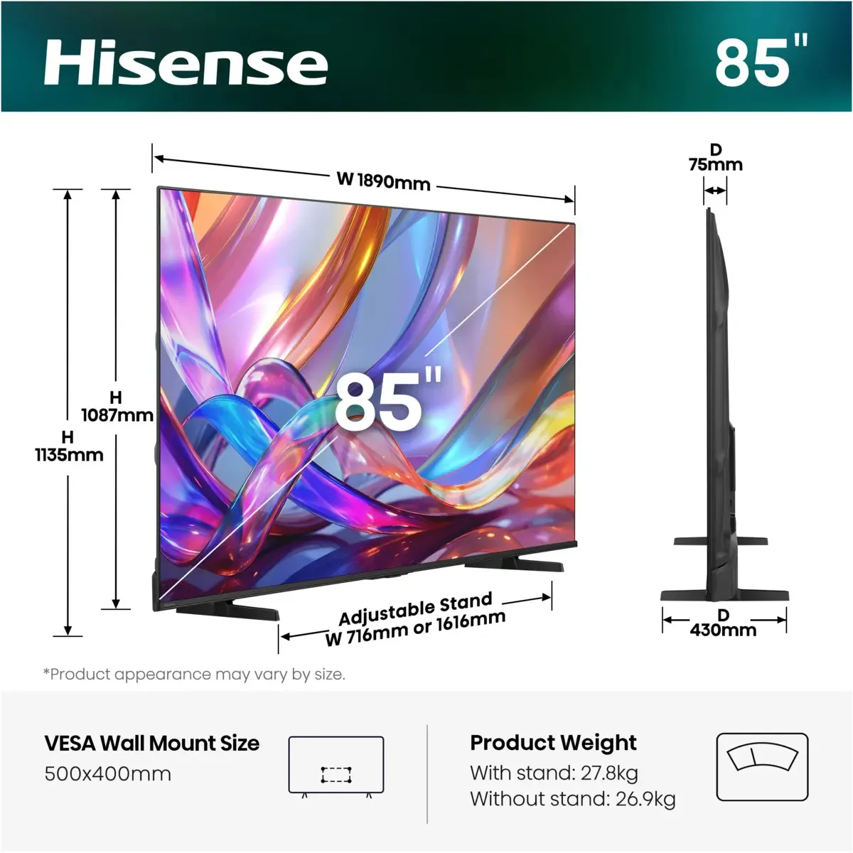 Hisense 85E7S 85" 4K QLED VIDAA TV, 60Hz, HDR10, HDR10+, Dolby Vision IQ, HLG, Dolby Vision