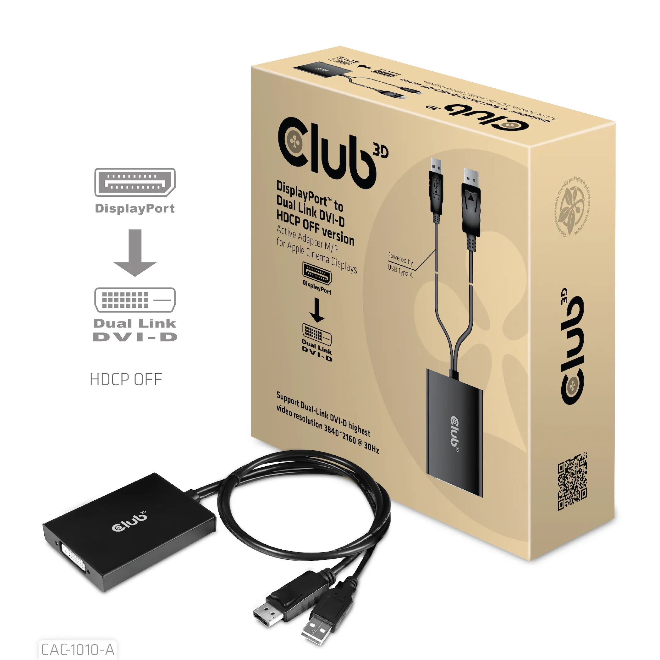 Club 3D DisplayPort to Dual Link DVI-D HDCP OFF version, active - adapter, Black