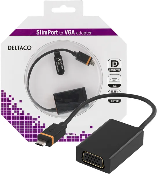 DELTACO Slimport - VGA-sovitin, USB Micro B ur - VGA na, musta