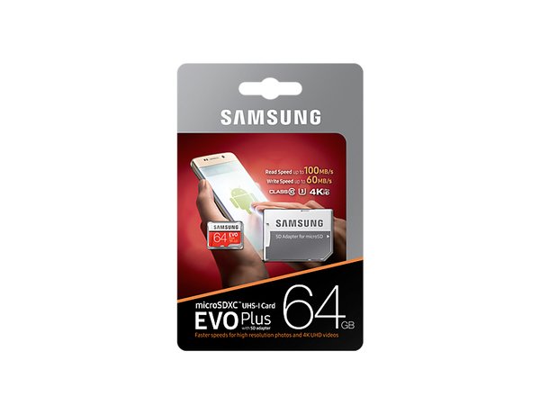Samsung 64 GB EVO Plus, Class 10 MicroSDXC-kort + SD adapter