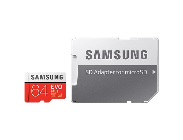 Samsung 64 GB EVO Plus, Class 10 MicroSDXC-kort + SD adapter