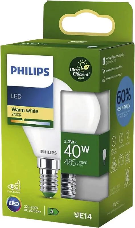 Philips LED UltraEfficient P45 filament-kronljuslampa E14 2,3W (40W) 485lm 2700K Matt Dimbar