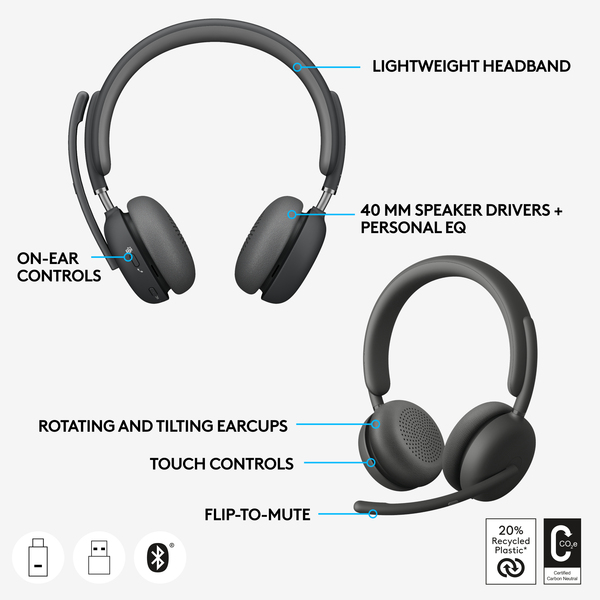 Logitech Zone 2 -langatomat kuulokkeet, grafiitti