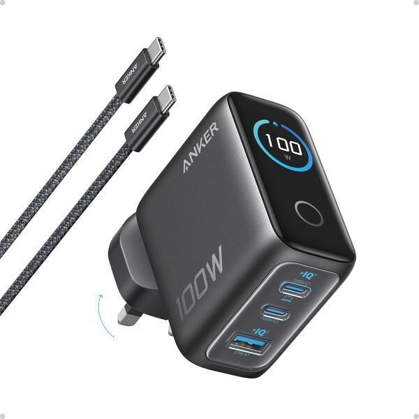 Anker A121BGZ1 100W 3-portars med smart display - V&auml;ggladdare, m&ouml;rkgr&aring;