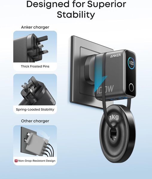 Anker A121BGZ1 100W 3-portars med smart display - V&auml;ggladdare, m&ouml;rkgr&aring;