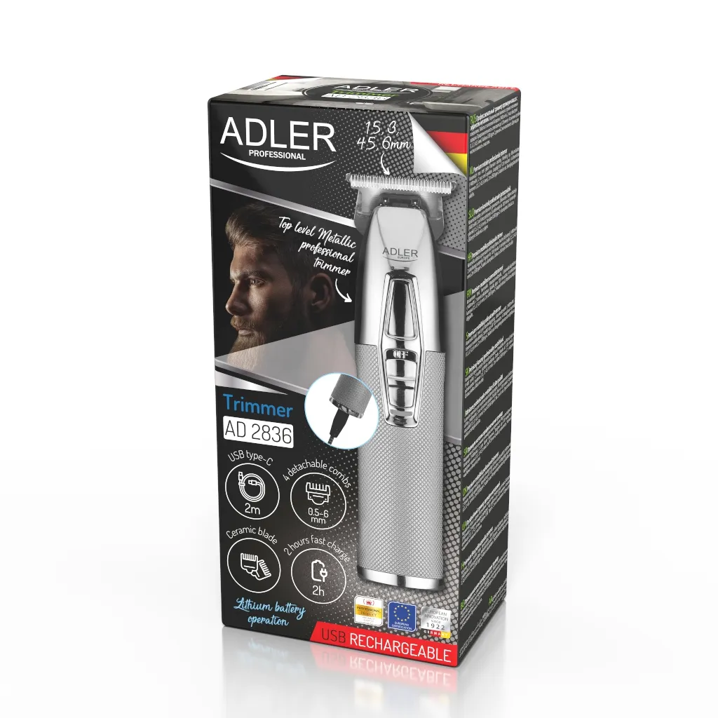 Adler AD 2836S johdoton, ladattava -partatrimmeri, hopea