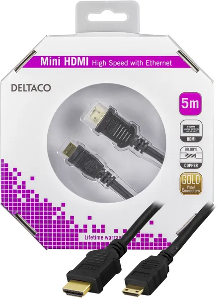 DELTACO HDMI-kabel, v1.4+Ethernet, 19-pin ha-Mini ha, 1080p, svart, 5m