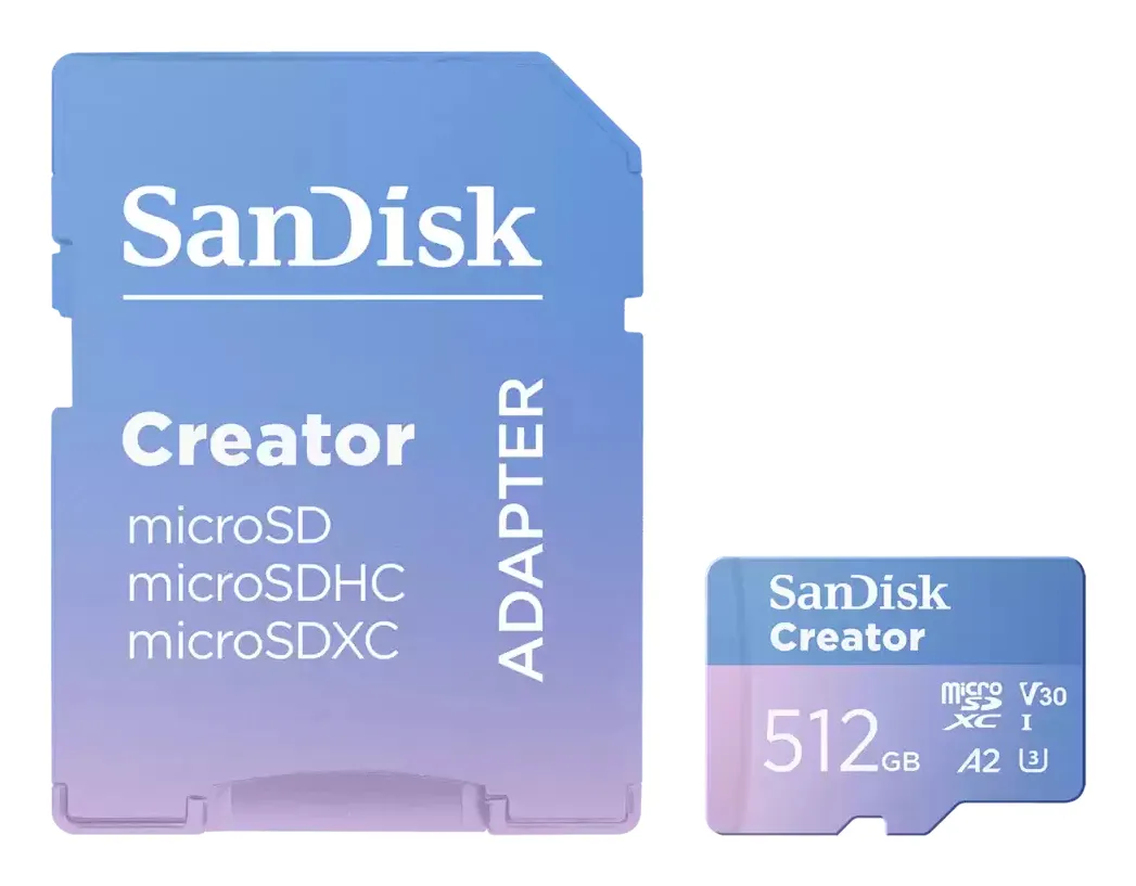 SanDisk Creator 512GB MicroSDXC UHS-I V30 A2 card with SD adapter, Blue