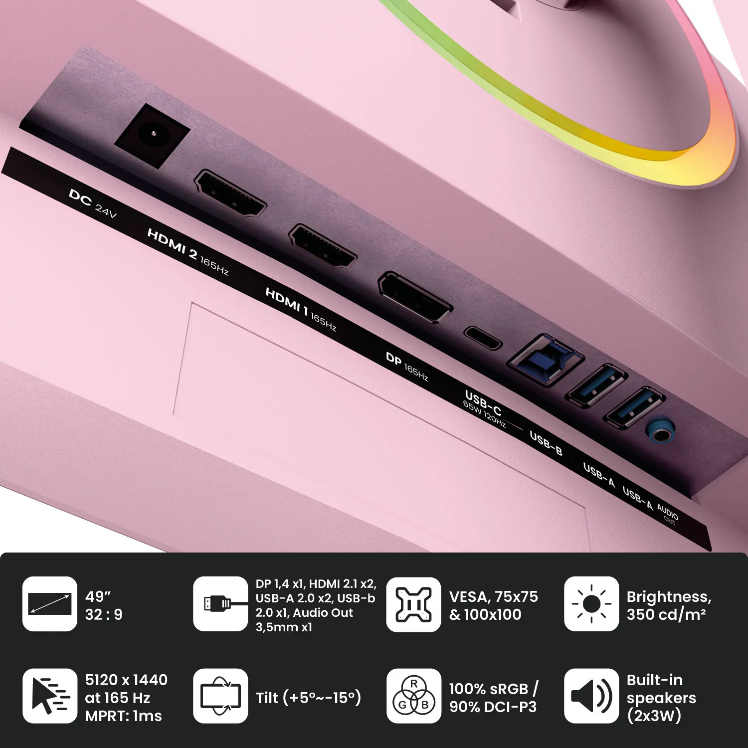 AROZZI Nova 49" DQHD, VA -kaareva pelin&auml;ytt&ouml;, 165 Hz, HDR10, USB-hubi