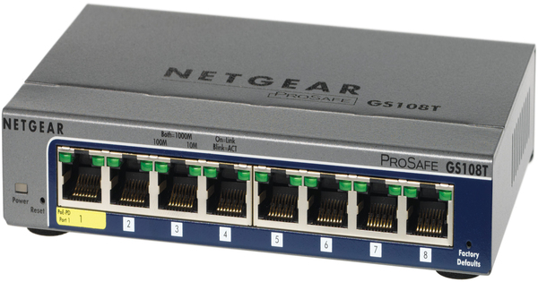 Netgear GS108T  8-PORT GIGABIT SMART SWITCH.. 8 10/100/1000 ports. Advanced features: 802.1x, ACLs, Rate limiting, DSCP/TOS-based prioritization, IGMP Snooping,