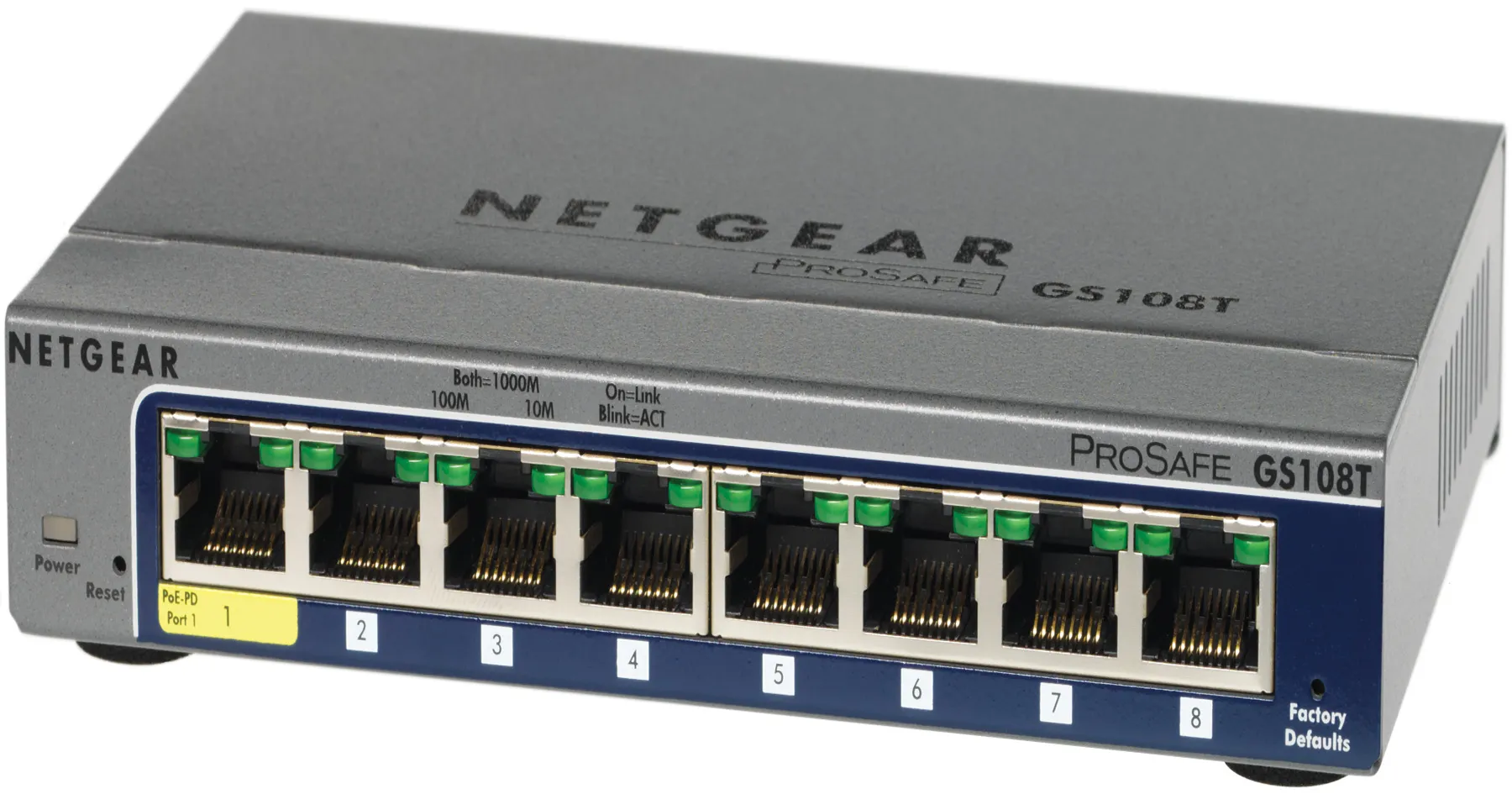 Netgear GS108T  8-PORT GIGABIT SMART SWITCH.. 8 10/100/1000 ports. Advanced features: 802.1x, ACLs, Rate limiting, DSCP/TOS-based prioritization, IGMP Snooping,
