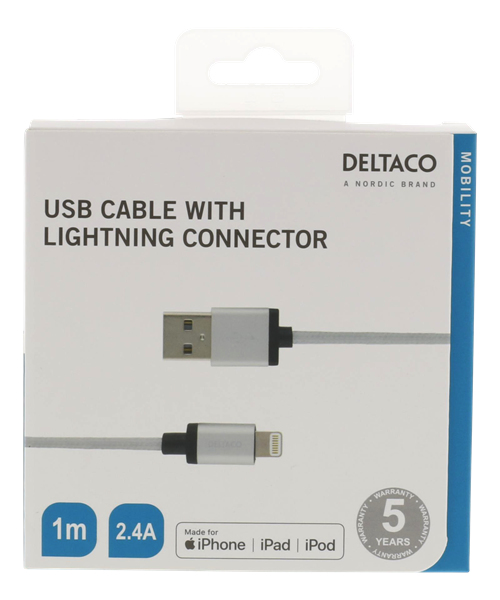 Deltaco Prime USB-A - Lightning - cable, 1m, Silver