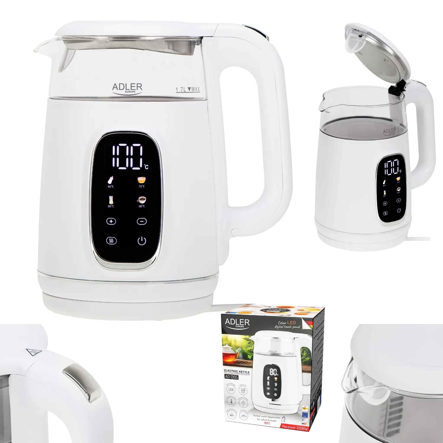 ADLER AD 1305 kettle, 1.7L, 2200W, White/Silver