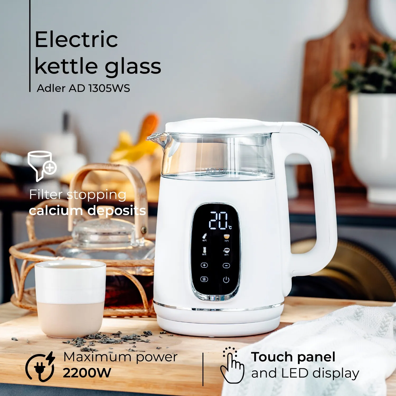 ADLER AD 1305 kettle, 1.7L, 2200W, White/Silver