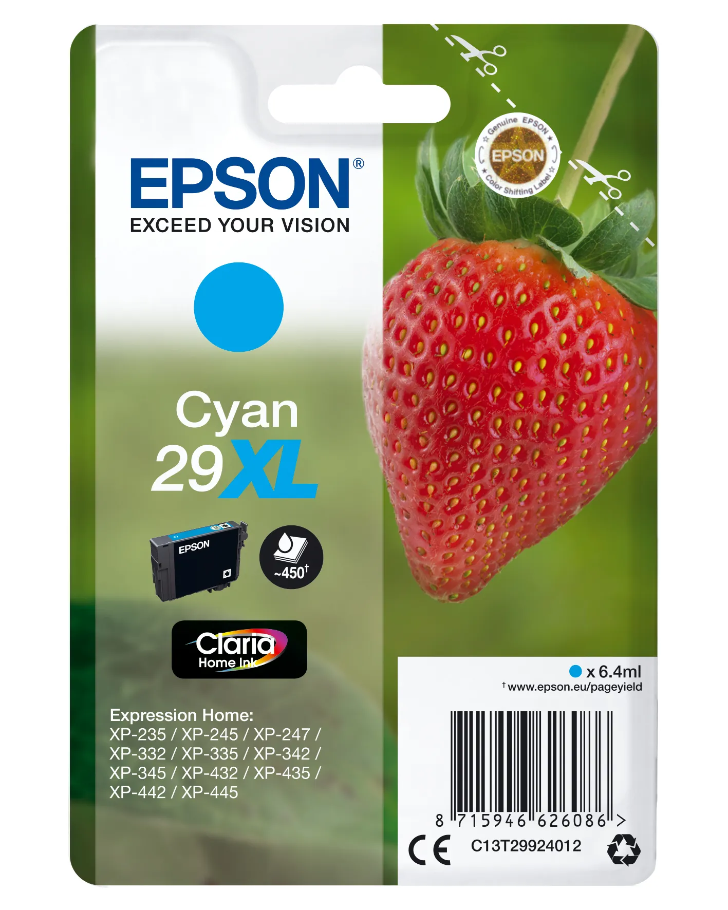Epson 29XL - 6.4 ml - suuri kapasiteetti - sinivihre&auml; - alkuper&auml;inen - blister RF:ll&auml;/&auml;&auml;nih&auml;lyttimell&auml; - mustepatruuna malleihin Expression Home XP-235, 245, 24