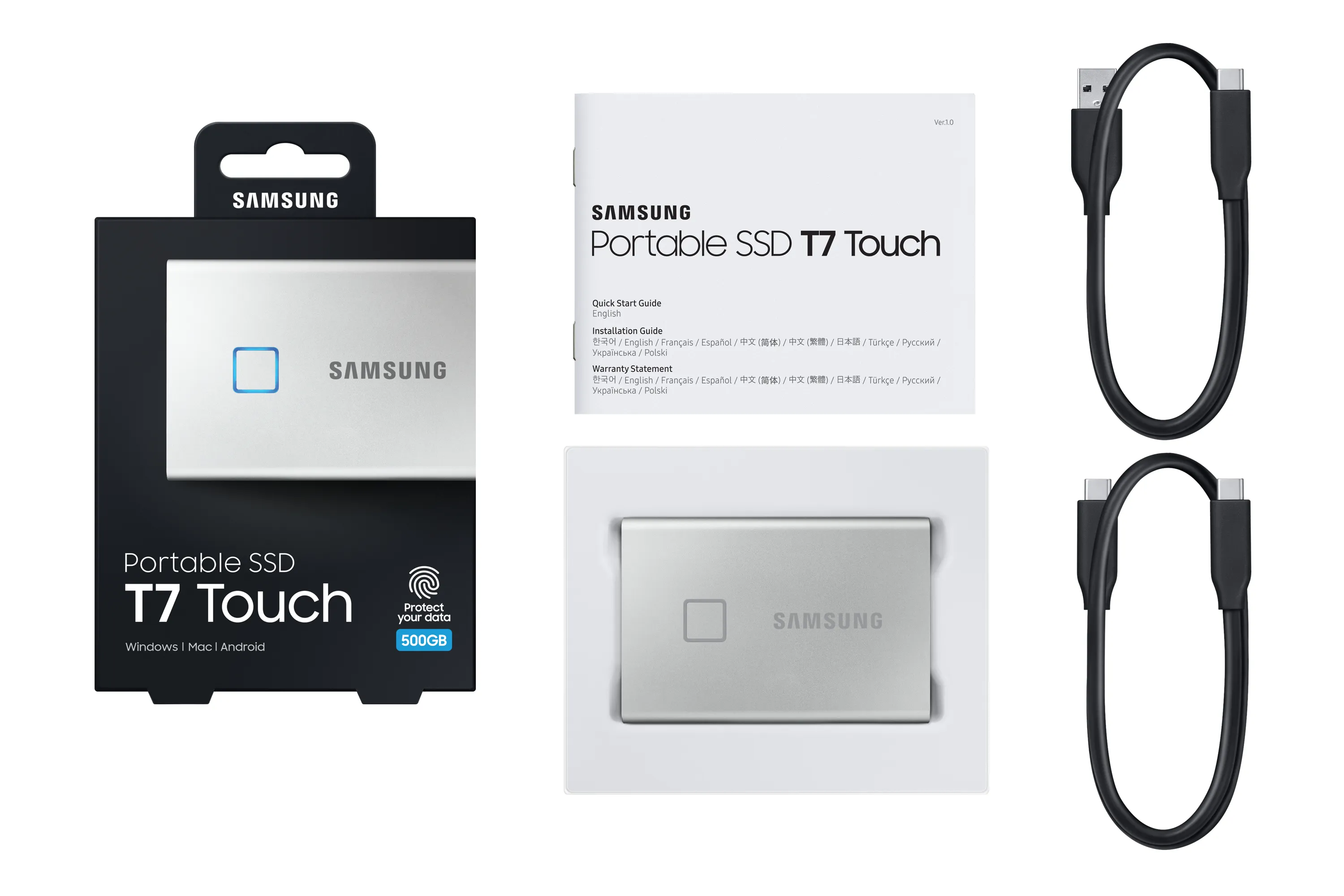 Samsung T7 Touch 500 Gt USB-C -ulkoinen SSD, Hopea