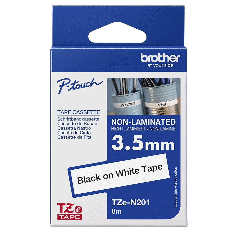Brother TZe N201 - Laminoimaton nauha - musta valkoisella - Rulla (0,35 cm x 8 m) - 1 rulla (rullat) malleihin P-Touch 1005, 1010, 1080, 1090, 1230, 1280, 1290,