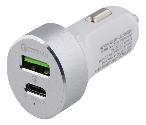 DELTACO Billaddare, USB-C, 33W, USB-C, QC 3.0, 12-18V DC, vit