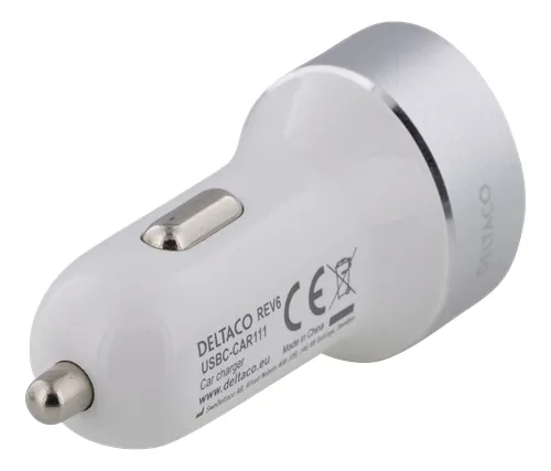 DELTACO Billaddare, USB-C, 33W, USB-C, QC 3.0, 12-18V DC, vit