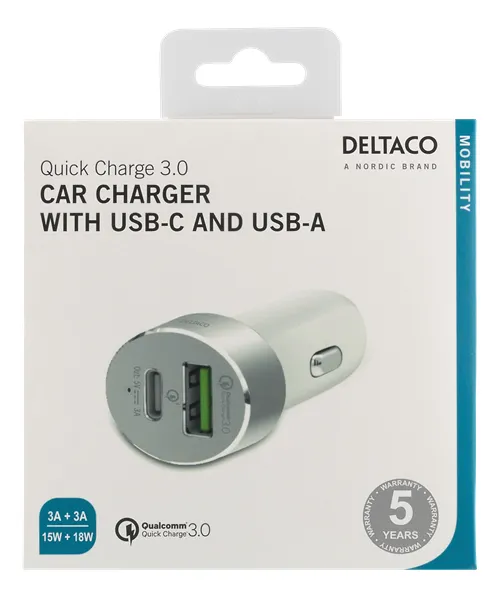 DELTACO Billaddare, USB-C, 33W, USB-C, QC 3.0, 12-18V DC, vit