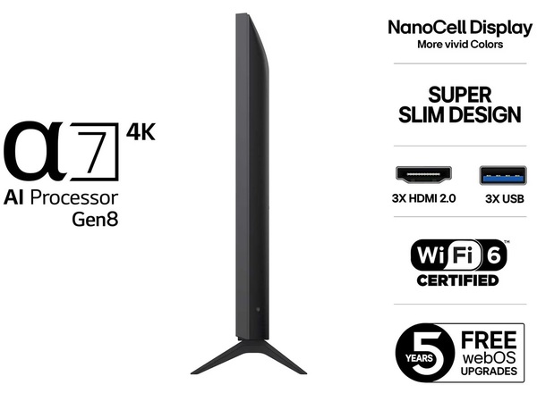 LG 43NANO8EA6A 43" 4K NanoCell webOS 25 TV, 60 Hz, HDR10, HLG