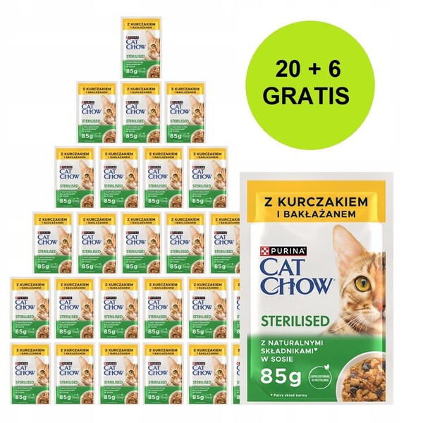 Purina Cat Chow Sterilised with Chicken and Eggplant, Kissan m&auml;rk&auml;ruoka, Adult, 26 x 85 g
