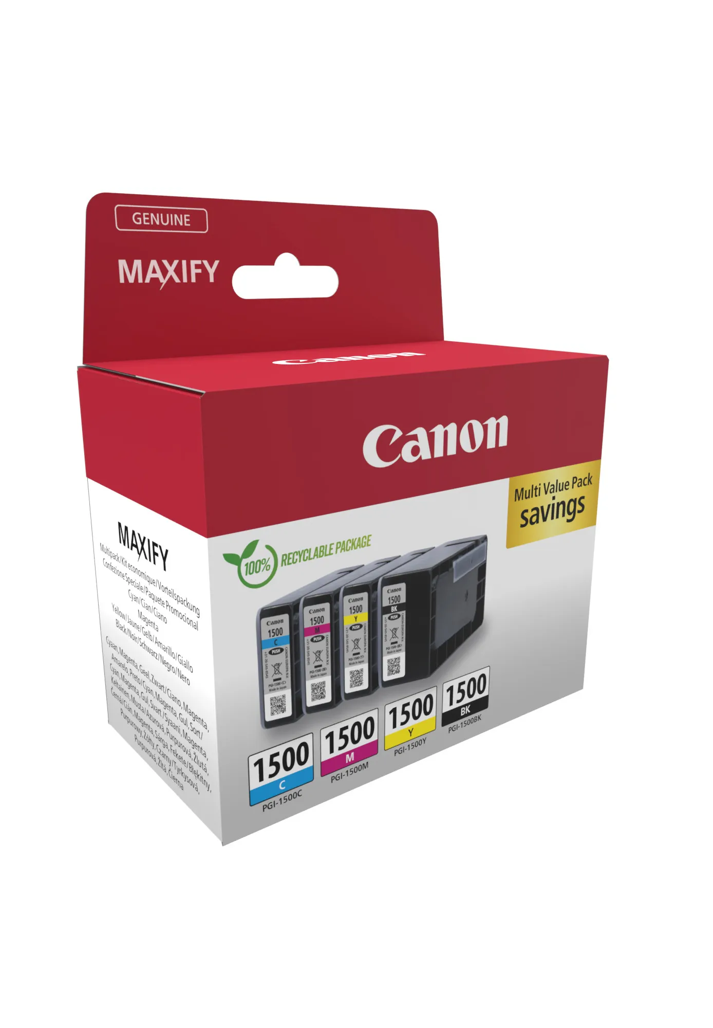 Canon PGI-1500 ink cartridge kit, Black, Cyan, Magenta, Yellow, 4 pcs