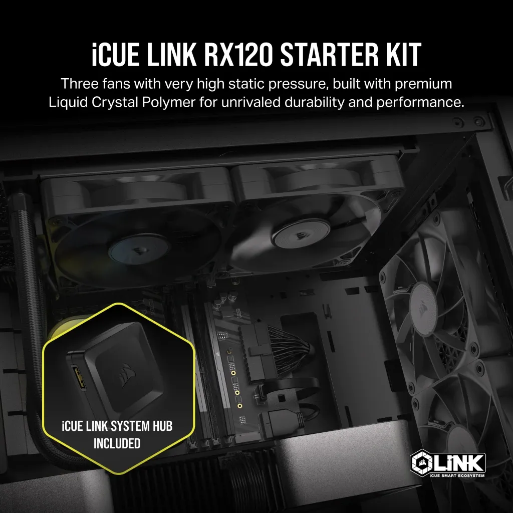 CORSAIR iCUE LINK RX120, 120mm, PWM -chassifl&auml;kt, 3 pack, svart