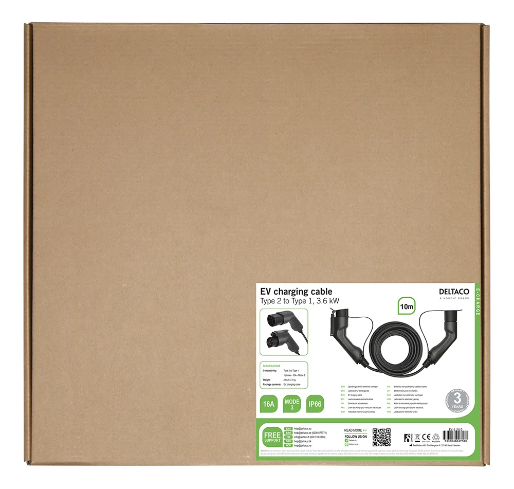 DELTACO e-Charge, cable type 2 - type 1, 1 phase, 16A, 10M - electric car charging cable