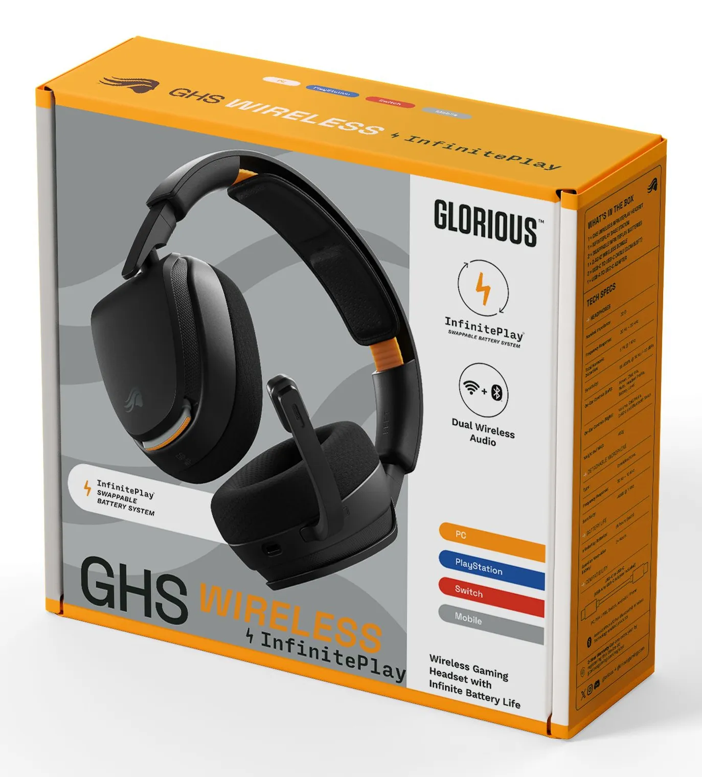 Glorious GHS Wireless InfinitePlay Wireless Gaming Headset with Charging Base, Black