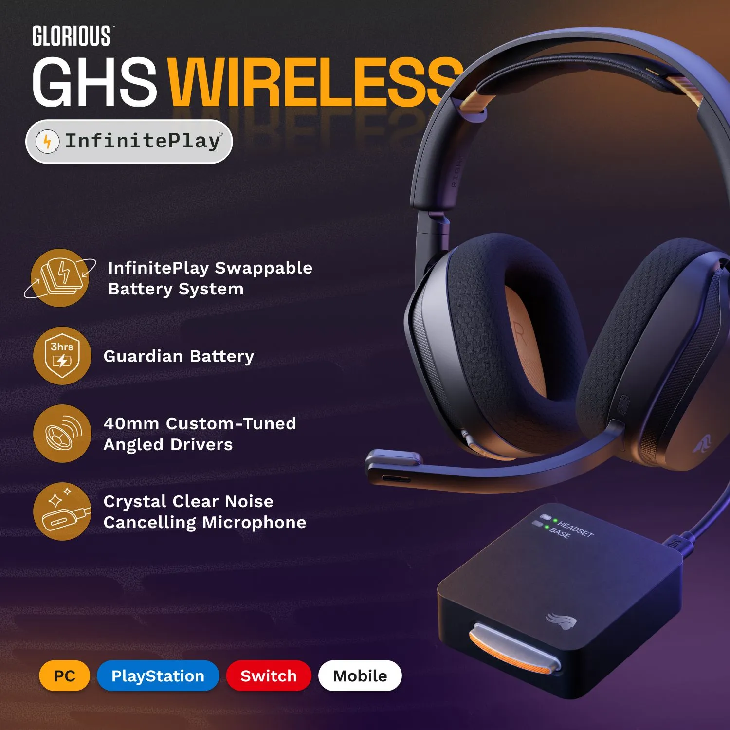 Glorious GHS Wireless InfinitePlay Wireless Gaming Headset with Charging Base, Black