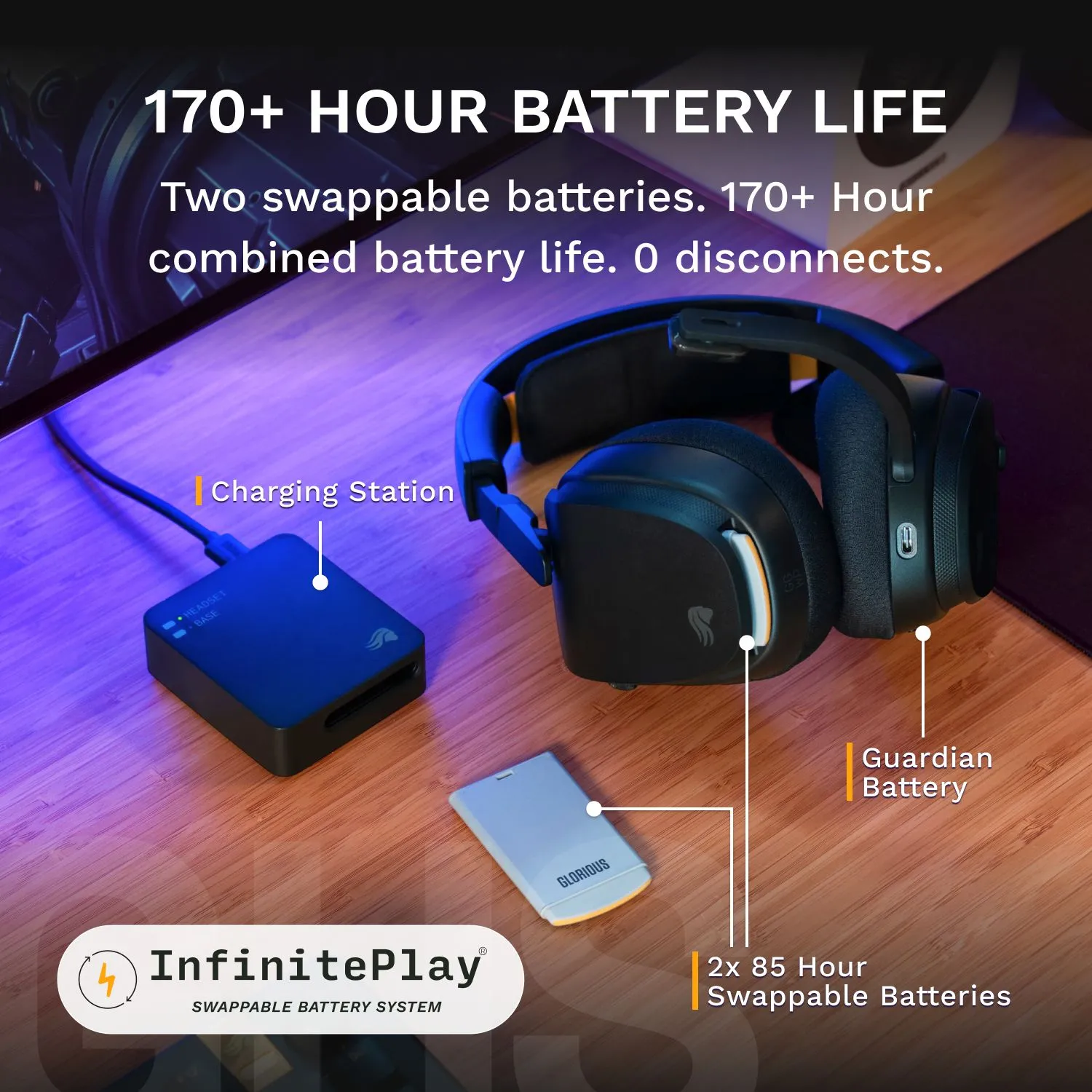 Glorious GHS Wireless InfinitePlay Wireless Gaming Headset with Charging Base, Black