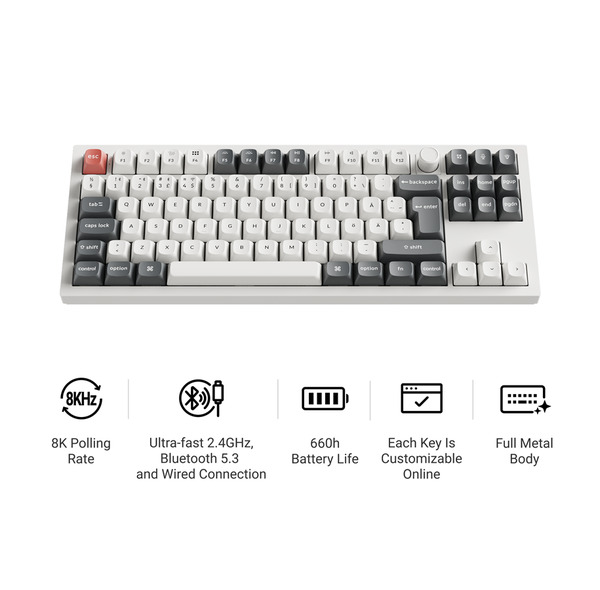Keychron Q3 Ultra 80% 8K Wireless Mechanical Gaming Keyboard, POM Red, White