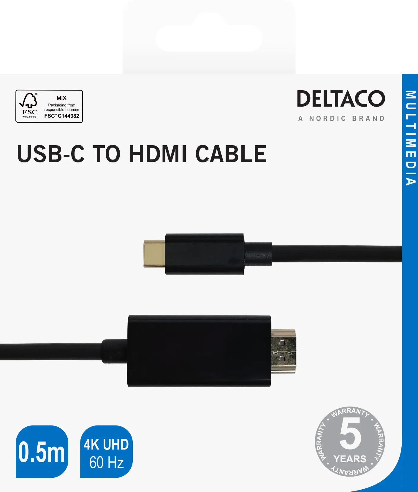 Deltaco USB-C / HDMI -kaapeli, 4K UHD, kullattu, 0,5 m, musta