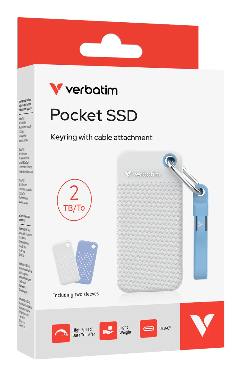 Verbatim Pocket SSD USB 3.2 Gen 2 2TB USB-C - extern SSD, Blå, Vit