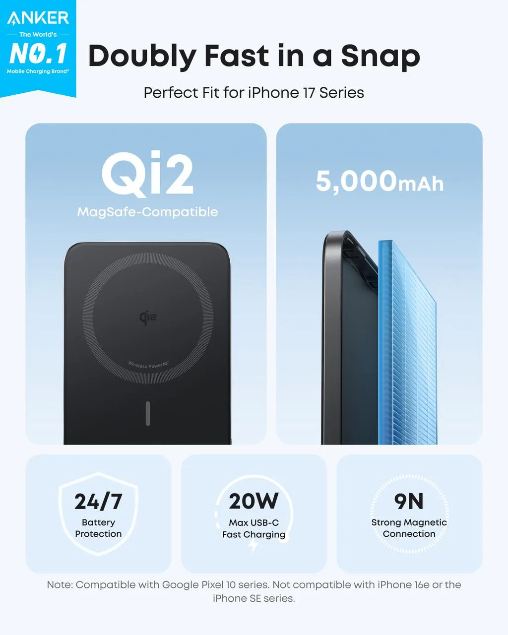 Anker Nano 5000mAh, Qi2, 5W - powerbank, svart