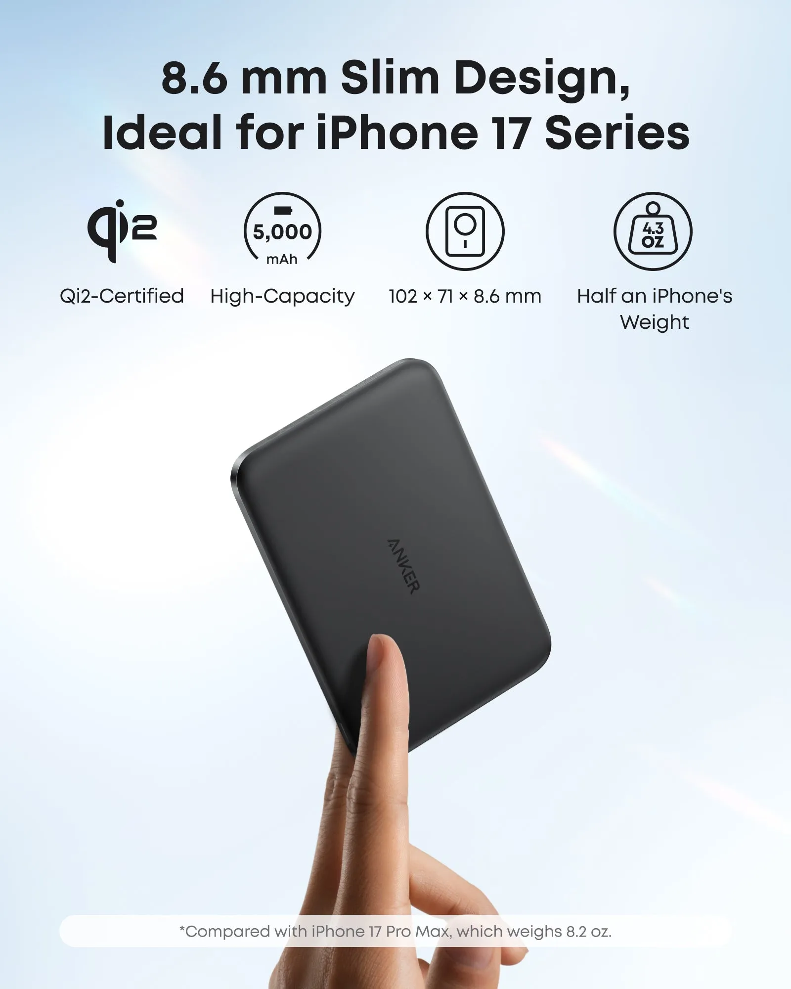 Anker Nano 5000mAh, Qi2, 5W - powerbank, svart