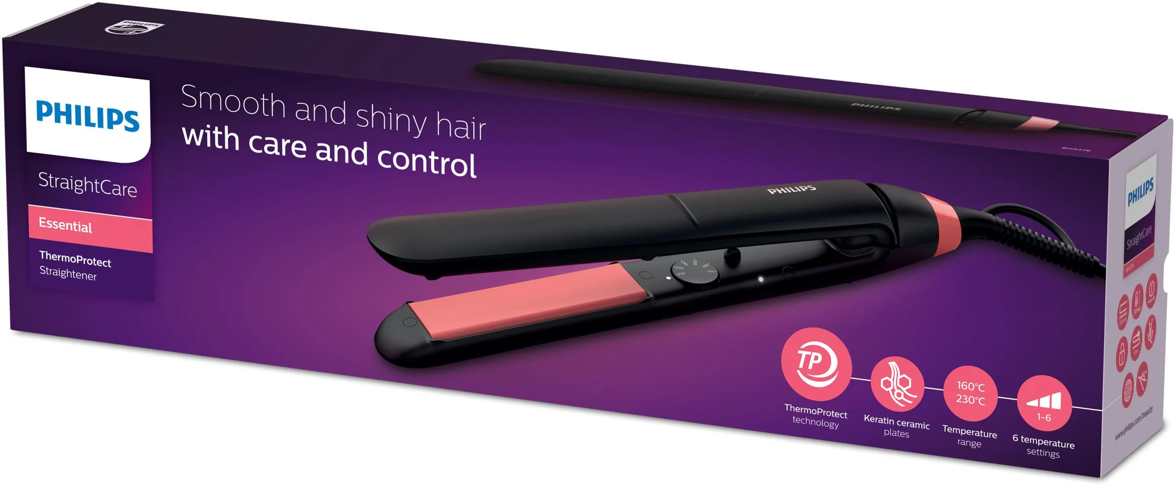 Philips StraightCare Essential BHS376/00 platt&aring;ng, svart/rosa