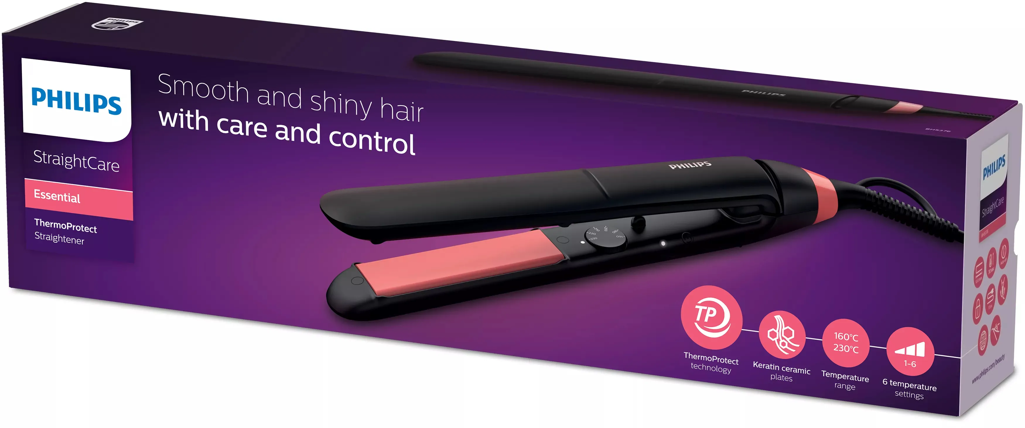 Philips StraightCare Essential BHS376/00 platt&aring;ng, svart/rosa