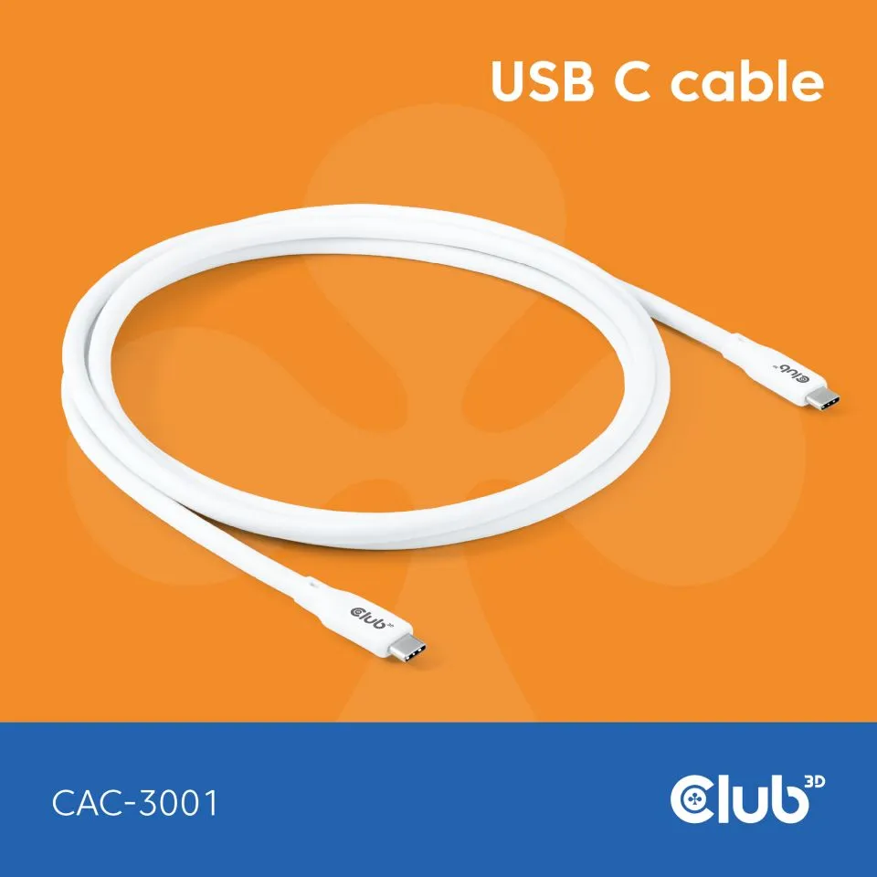 Club 3D USB-C - USB-C USB4 4K60Hz 240W -kaapeli, Valkoinen, 2m