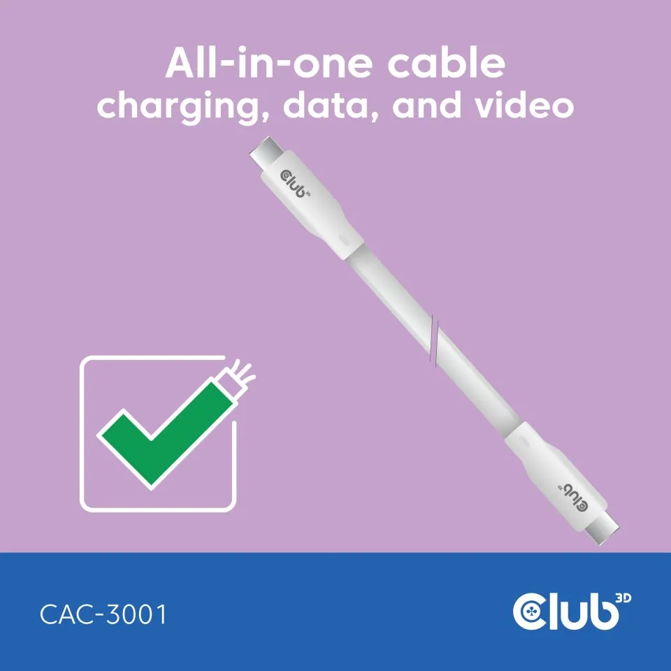 Club 3D USB-C - USB-C USB4 4K60Hz 240W -kaapeli, Valkoinen, 2m