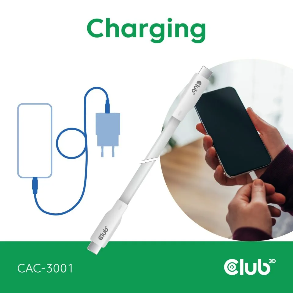 Club 3D USB-C - USB-C USB4 4K60Hz 240W -kaapeli, Valkoinen, 2m