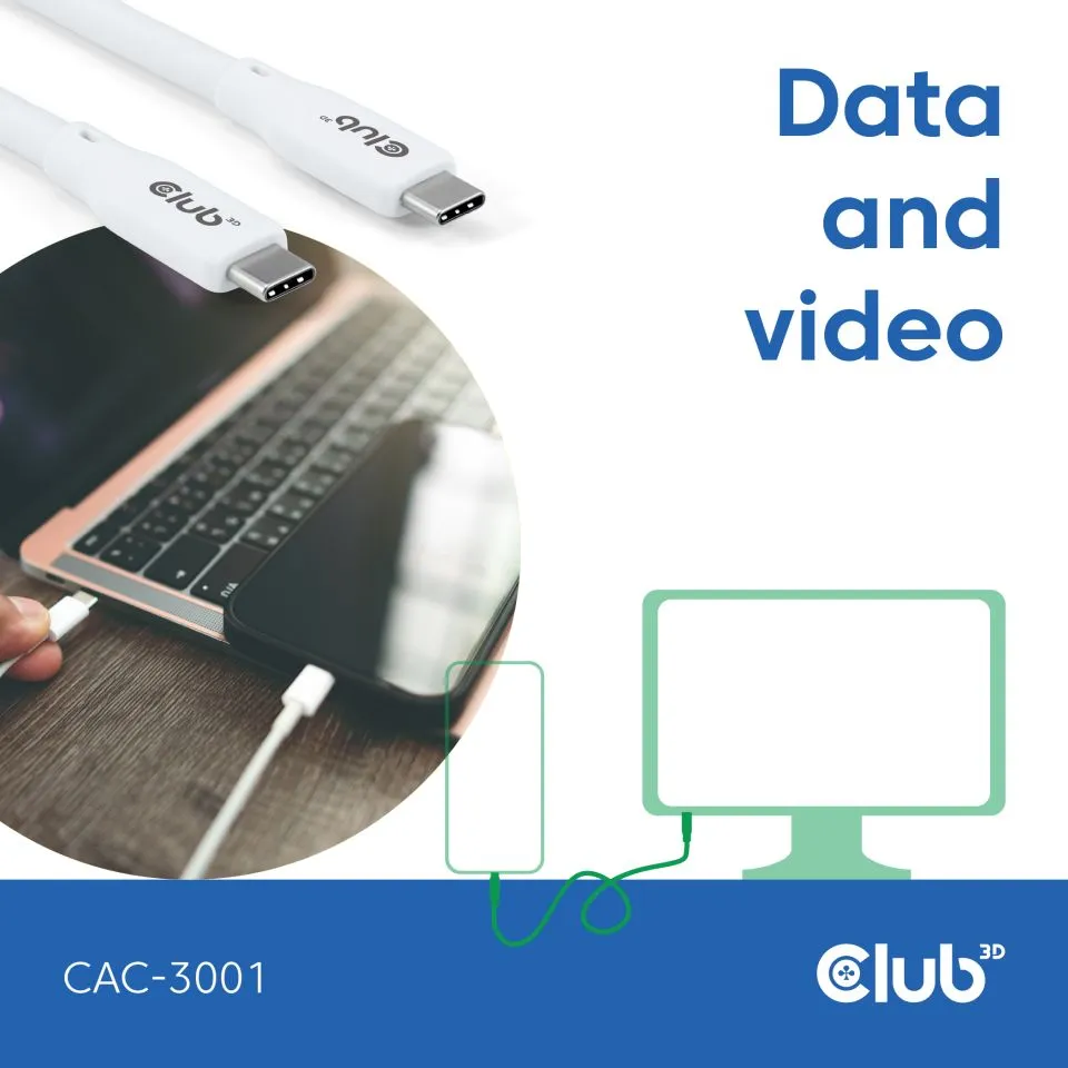 Club 3D USB-C - USB-C USB4 4K60Hz 240W -kaapeli, Valkoinen, 2m
