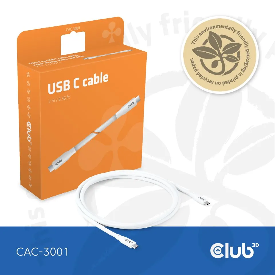 Club 3D USB-C - USB-C USB4 4K60Hz 240W -kaapeli, Valkoinen, 2m