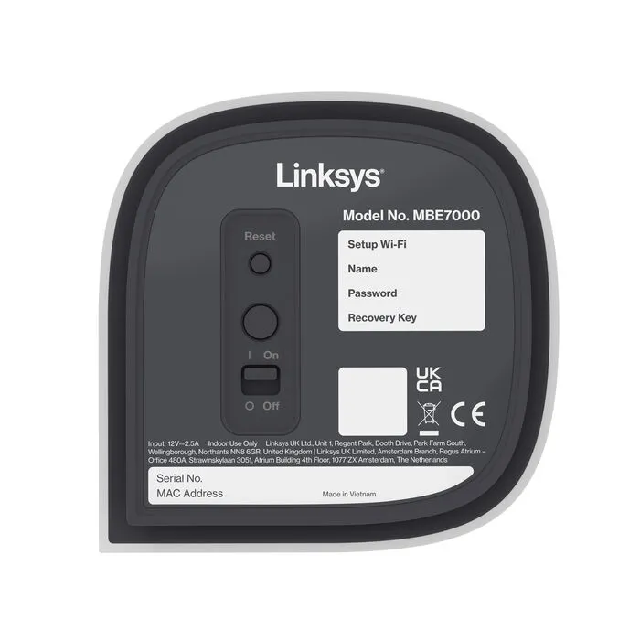 Linksys Velop Pro 7 MBE7002 -mesh WiFi -j&auml;rjestelm&auml;, Wi-Fi 7, BE11000, Tri-band, 2 kpl, 2,5G WAN -portilla, valkoinen