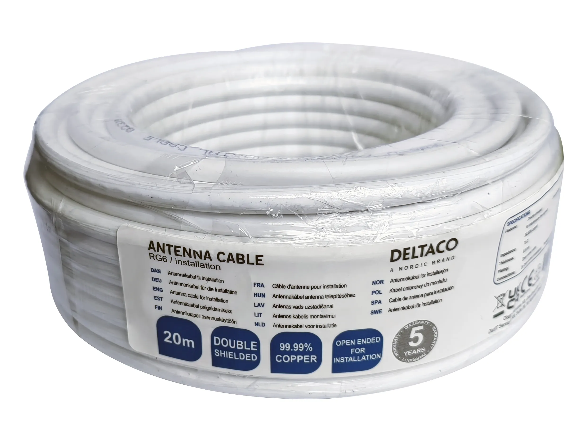 DELTACO R00150017 - RG-6-antennkoaxialkabel, 20 meter, vit