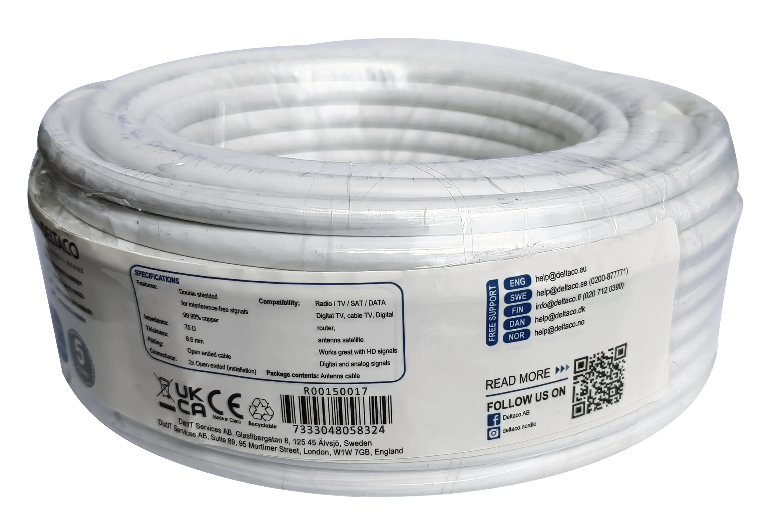 DELTACO R00150017 - RG-6-antennkoaxialkabel, 20 meter, vit
